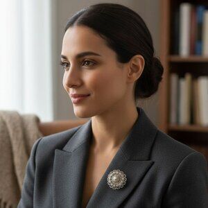 Vintage Yemeni Silver Filigree Brooch Pin Round Floral Detailed Granulation